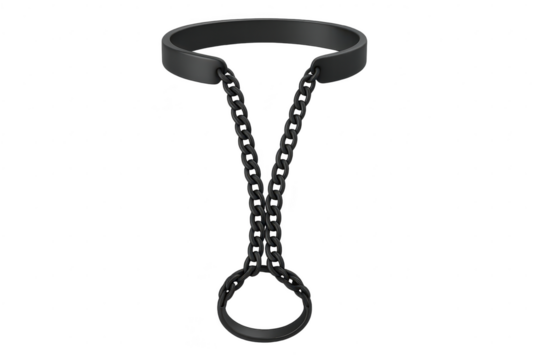 Black matte metal collar with chains and ring, isolated on transparent background