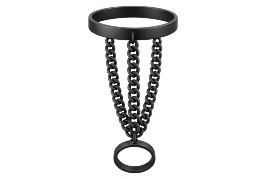 Isolated dark metallic collar with chains and a ring on transparent background