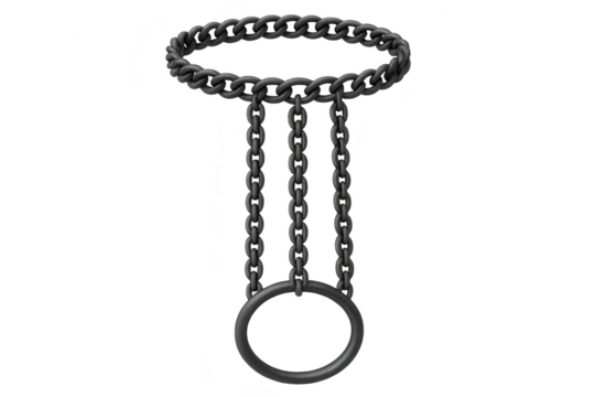 Dark metal chain and ring structure isolated on transparent background, industrial design element.