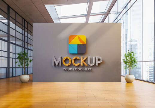 3D Wall Logo Mockup In Modern Corporate Lobby