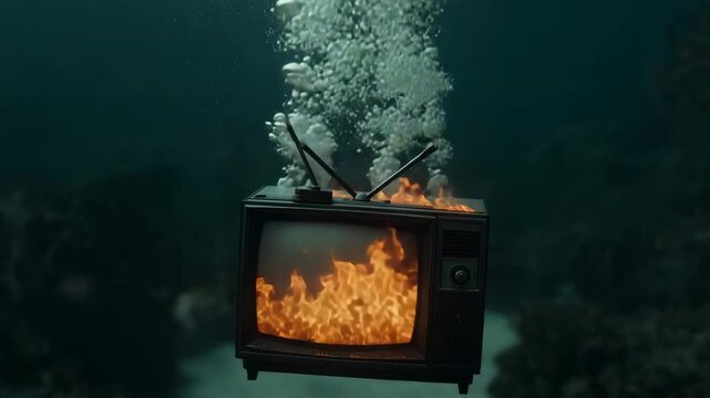 Bursting flames licking CRT TV housing above coral reef, water dousing fire into rising bubbles - Powered by Adobe