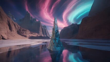 Tall crystal spire amidst icy landscape and aurora