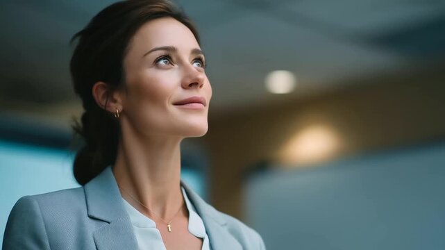 female MBA graduate explaining corporate social responsibility case study to class soft projector hum respectful attention three quarter wide angle cinematic color correction gen