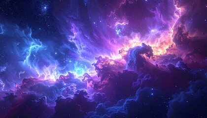 Vast Cosmic Nebula with Swirling Hues of Blue and Purple, Starfield Background