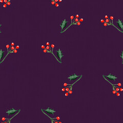 Holly branches and red berries isolated on purple background. Perfect for Christmas wrapping paper, fabric prints, festive cards, digital design, scrapbooking, and cozy holiday home decor projects