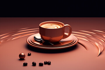 Elegant coffee cup with latte art on a stylish plate, surrounded by coffee beans, ideal for cafe or food visuals. gourmet coffee beans plate aesthetic