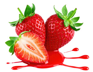 Two whole and one sliced strawberry, vibrant red, dripping with juice