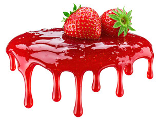Red strawberry jam dripping, two fresh berries atop
