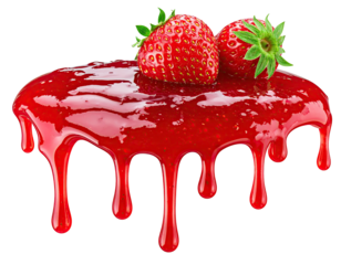 Red strawberry jam dripping, two fresh berries atop
