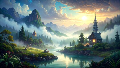 A serene, painted landscape features a sunlit valley with a flowing river, mountains shrouded in mist, and quaint buildings. A dreamy, idyllic scene