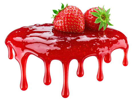 Red strawberry jam dripping, two fresh berries atop