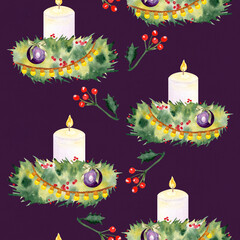 Candles, holly, pine branches, berries, baubles watercolor seamless Christmas pattern on purple. Ideal for wrapping paper, festive textiles, greeting cards, invitations, holiday decor projects