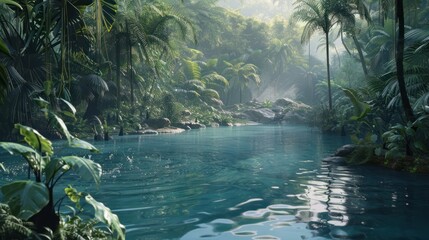 Serene Tropical Jungle River Scene with Lush Green Foliage and Calm Water