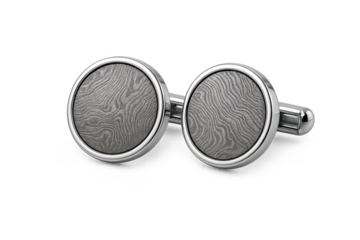 Elegant silver cufflinks with unique wavy pattern isolated on transparent background