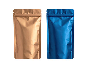 Two foil pouches, one bronze, one blue, with zip-top closures