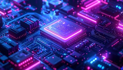 Abstract digital electronic circuit board with glowing neon blue and pink lights, macro shot