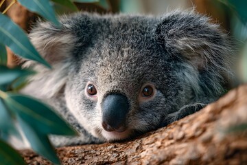 Obraz premium Koala perched on eucalyptus branch with leaves in a bright natural wide scene.