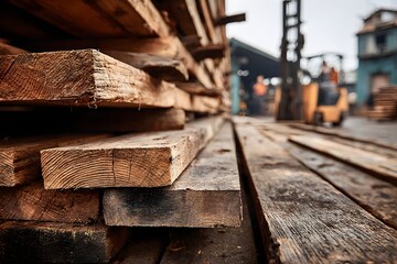 Lumber piled on pallets at sawmill full of planks wood grain workers forklifts visible