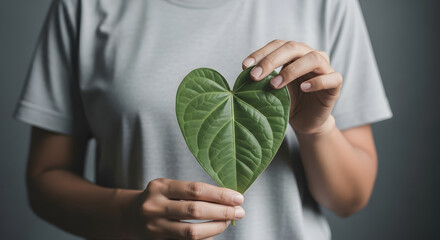 Green Energy, Renewable and Sustainable Resources. Environmental and Ecology Care Concept. Close up of Hand Holding a Heart Shape Green Leaf on Chest