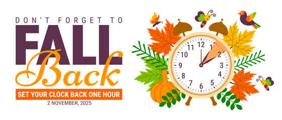 Naklejka na ściany i meble Fall Back. daylight saving time ends 2025 background or banner design template. Daylight Saving Time is Over. The clock turns back one hour on November 2, 2025. Fall back concept banner. Vector Naklejka na ściany i meble Fall Back. daylight saving time ends 2025 background or banner design template. Daylight Saving Time is Over. The clock turns back one hour on November 2, 2025. Fall back concept banner. Vector