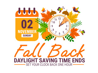 Fall Back. daylight saving time ends 2025 background or banner design template. Daylight Saving Time is Over. The clock turns back one hour on November 2, 2025. Fall back concept banner. Vector