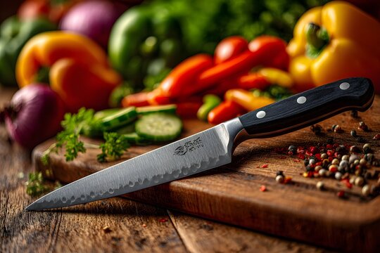 Knife-edge chefs knife dances on wood with veggies in a rustic kitchen stage.