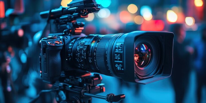 A close-up of a professional camera lens, capturing a blurred background of lights and people