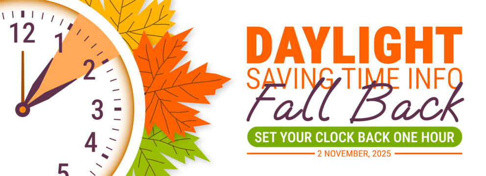 Fall Back. daylight saving time ends 2025 background or banner design template. Daylight Saving Time is Over. The clock turns back one hour on November 2, 2025. Fall back concept banner. Vector