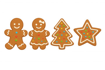 Fototapeta premium Gingerbread man, woman, tree, and star cookies decorated with icing and sprinkles on a transparent background