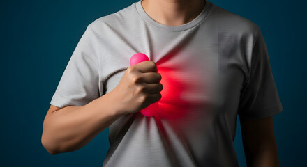 Painful, Heart Attack Concept. Young Adult Woman Squeezed a Red Balloon against her Chest. Heart Disease or feeling very Heartbreak and Sorrow