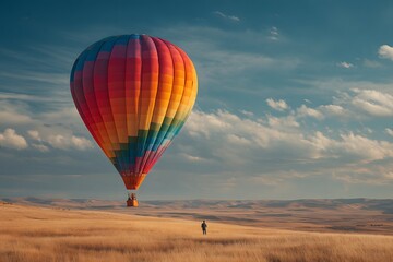 Naklejka premium Balloonist stands by a rainbow giant on a grassy stage beneath the blue sky.