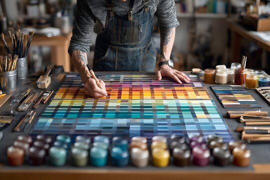 Tonality shown as a creative arranges color samples and mood boards on a big table.