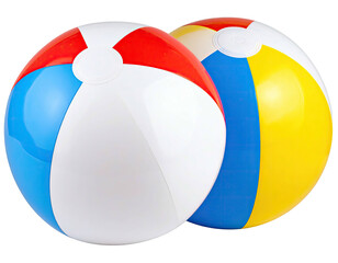 Two colorful beach balls, red, white, and blue, and yellow, white, and blue, side-by-side