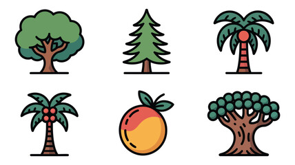 Fototapeta premium Vector art of collection of diverse tree icons, showcasing various species from leafy deciduous to coniferous evergreens