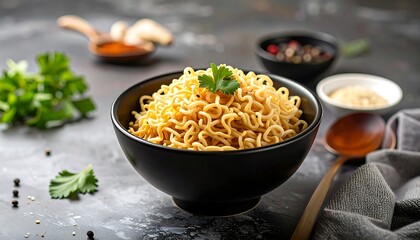 Bowl of instant noodles with herbs and spices