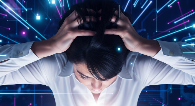 Businesswoman struggling with her head in the digital space - Information overload and technostress concept
