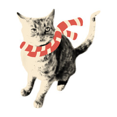 Christmas trendy art collage clipart. Funny halftone cut out cat wearing red white striped winter scarf. Vintage sticker, Modern retro grunge mixed media vector illustration on transparent background