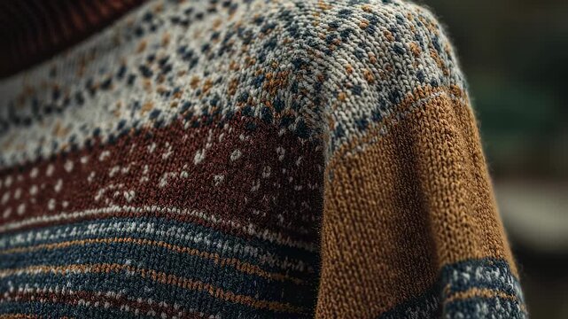 Medium shot highlighting a textured knit sweater in muted winter colors the background gently out of focus to emphasize the coldweather pattern detail.