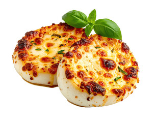 Two round, cheesy snacks, browned and melted, topped with herbs and spices, resting on a black background with fresh basil leaves