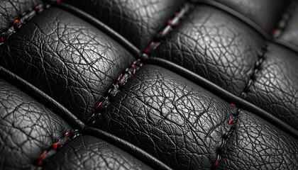 Fototapeta premium Close-up of black leather car seat upholstery with red stitching