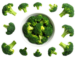 Fresh broccoli florets arranged around a white bowl