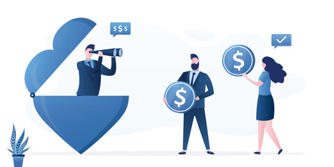Charity, donation, aid or support, philanthropy, heart. Male volunteer uses binoculars to search for money and donations. People give coins, donating money