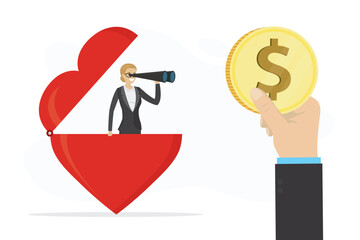 Charity, donation, aid or support, philanthropy, red heart. Female volunteer uses telescope to search for money and donations. Hand give coin,