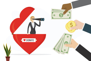 Charity, donation, aid or support, philanthropy, red heart. Female volunteer uses telescope to search for money and donations. Hands give coins,