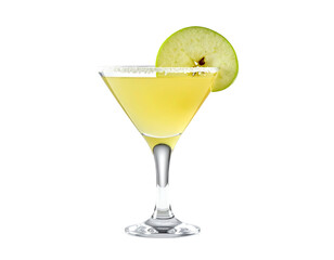 A light yellow cocktail in a martini glass, garnished with an apple slice