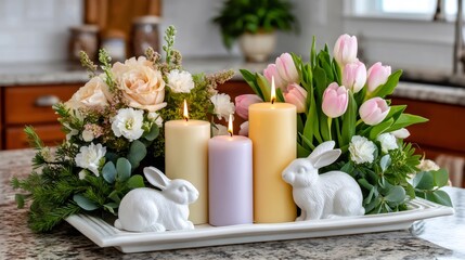 Fototapeta premium Easter centerpiece decorated with flowers, candles, and bunnies