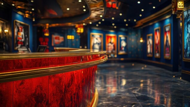 Elegant theater lobby with a red wooden counter, posters, and blue walls