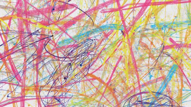 Playback starting revealing multicolored scribbles and lines filling frame forming abstract pattern