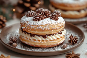 Dough covered in chocolate, whipped cream on top, on a plate.