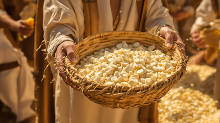 Hands offering a basket full of manna in desert scene, symbol of divine blessing and provision